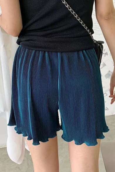 Summer New Fashion Simple Plain Elastic Waist Loose Fit Pleated Shorts