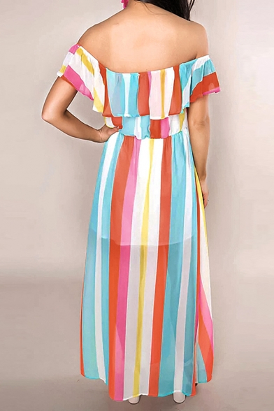 Summer Popular Fashion Rainbow Striped Printed Ruffled Off the Shoulder Split Side Maxi Bohemian Dress