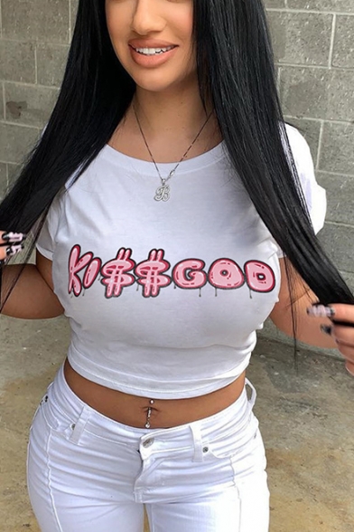 Summer Simple Cool Letter KISS GOD Print Basic Round Neck Short Sleeve White Cropped T-Shirt