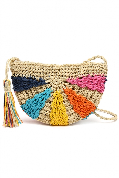 Summer Stylish Colorblock Tassel Embellishment Khaki Semicircular Straw Crossbody Bag 23*15*2 CM