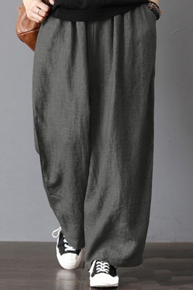 Summer Trendy Simple Plain Elastic Waist Pocket Loose Leisure Wide Legs Linen Pants for Women