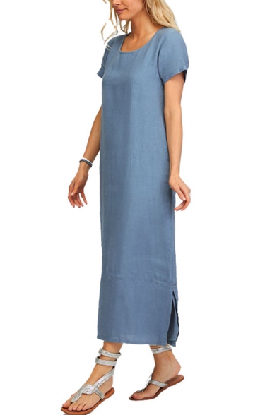 Summer Trendy Solid Color Round Neck Short Sleeve Split Side Maxi Casual Loose Linen Dress