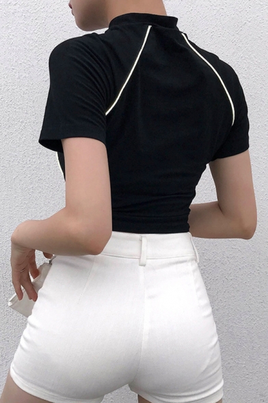 Summer Unique Cool Reflective Light Contrast Piping Letter SURE Short Sleeve Slim Fit Black Crop Tee