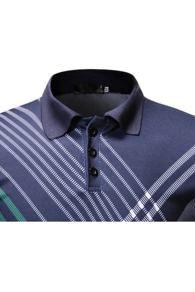 Summer Unique Cross Striped Printed Short Sleeve Three-Button Front Casual Fitted Polo Shirt