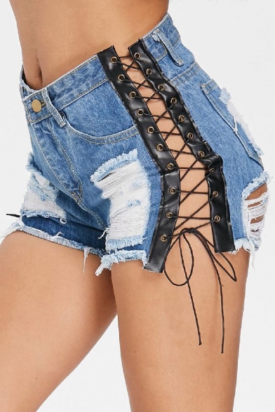 Summer Women's Cool Streetwear Sexy Hollow Lace-Up PU Patched Side Light Blue Ripped Denim Shorts