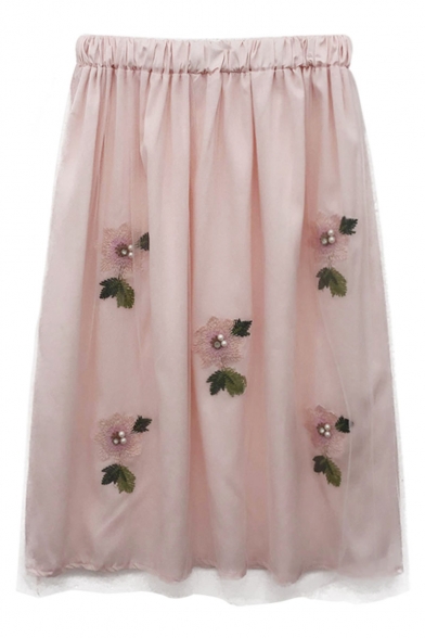Sweet Womens Pink Elastic Waist Floral Sequin Embellished Midi Mesh Skirt