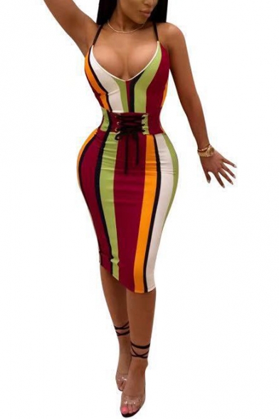 Trendy Colorful Striped Printed Lace-Up Gathered Waist Midi Bodycon Cami Dress