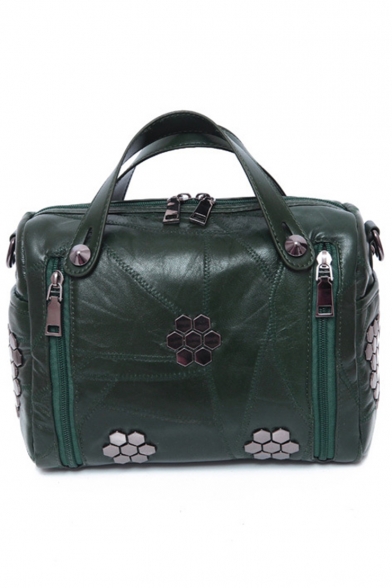 Trendy Solid Color Double Zipper Side Rivet Embellishment Sheepskin Satchel Boston Bag 25*18*12 CM