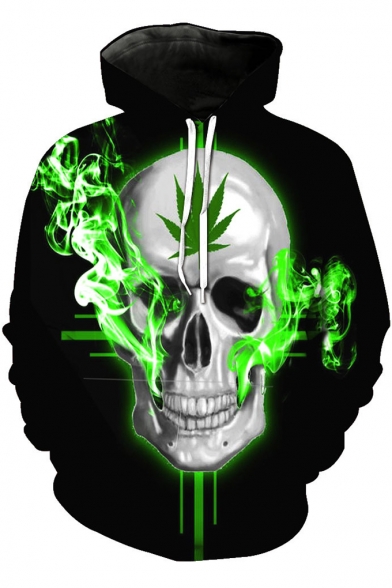 Unique Cool Green Smog Leaf Skull 3D Pattern Long Sleeve Casual Loose Black Hoodie