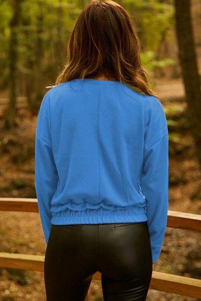 Womens Basic Simple Plain Round Neck Long Sleeve Drawstring Hem Casual Pullover Sweatshirt