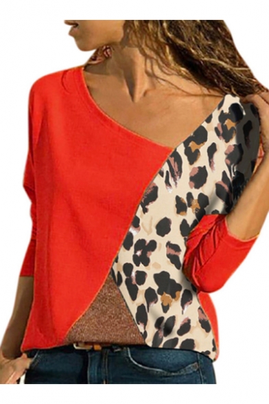 Womens Fancy Colorblock Camo Print Oblique V-Neck Long Sleeve Casual Loose Tee