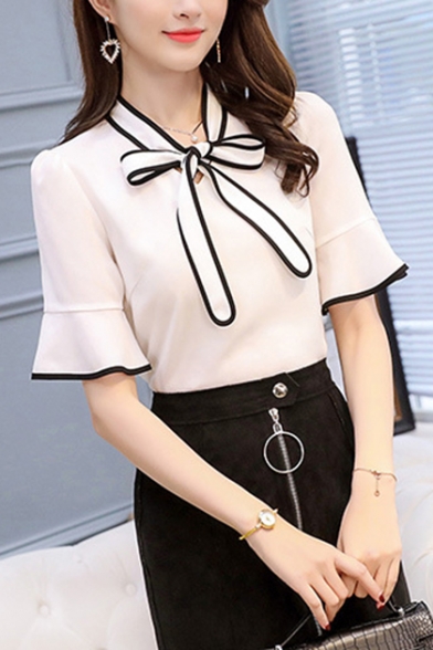 Womens Fancy Contrast Trim Bow-Tied Collar Flared Sleeve Chiffon Blouse
