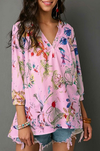 Womens Fancy Floral Pattern Button V-Neck Three-Quarter Sleeve Loose Fit Blouse Top