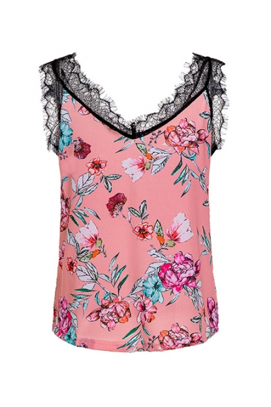 Womens Fancy Floral Pattern Chic Lace-Trimmed V-Neck Sleeveless Tank Top