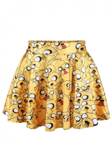 Womens Fancy High Elastic Waist Yellow Dog Print Flare Mini Skater Skirt