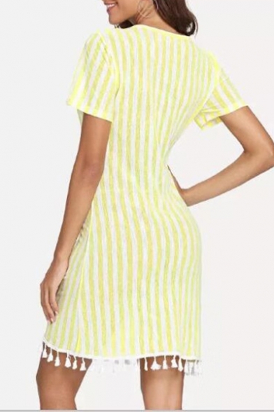 Womens Fancy Yellow Stripe Print V-Neck Short Sleeve Tassel Hem Mini Sheath Dress