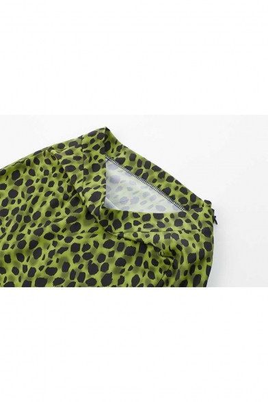 Womens Fashion Green Leopard Printed Split Side Midi Sexy Skirt