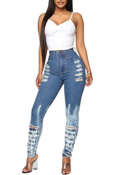 Womens High Waist Bleached Blue Destroyed Ripped Skinny Fit Denim Jeans