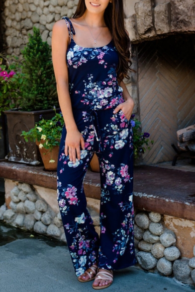 Womens Hot Fashion Floral Print Straps Scoop Neck Sleeveless Leisure Holiday Jumpsuits