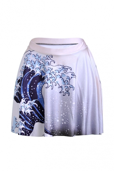 

Womens Hot Popular White Wave Print High Elastic Waist Pleated Mini Skater Skirt, LM548246