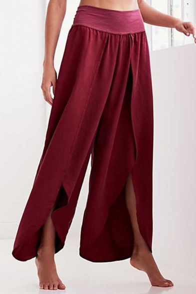 

Womens Hot Stylish Elastic Waist Red Split Front Asymmetric Hem Casual Loose Wide-Leg Pants, LM548404