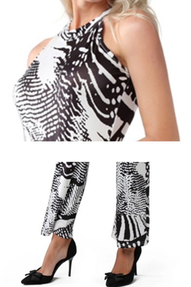 Womens Hot Stylish Halter Sleeveless Printed Zip-Back Fitted Jumpsuits