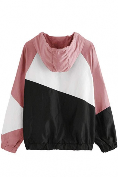 Womens New Trendy Color Block Long Sleeve Zip Up Drawstring Hooded Sport Loose Jacket Coat