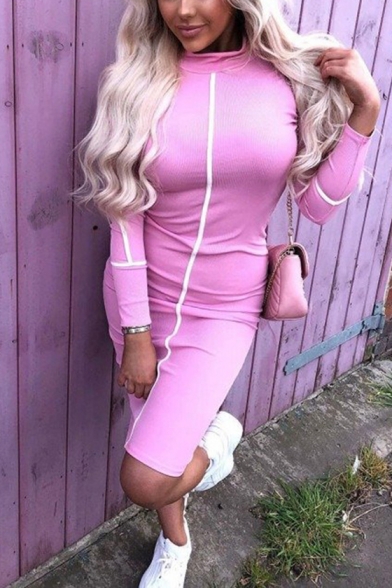 Womens New Trendy Contrast Piping High Neck Long Sleeve Midi Bodycon Dress