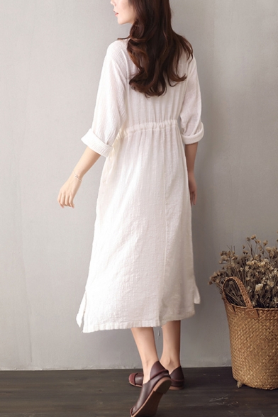 Womens Plain Vintage V Neck Long Sleeves Drawstring Waist Cotton and Linen Casual Loose Midi Dress