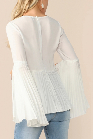 Womens Simple Plain Round Neck Split Bell Long Sleeve Pleated White Chiffon Blouse Top
