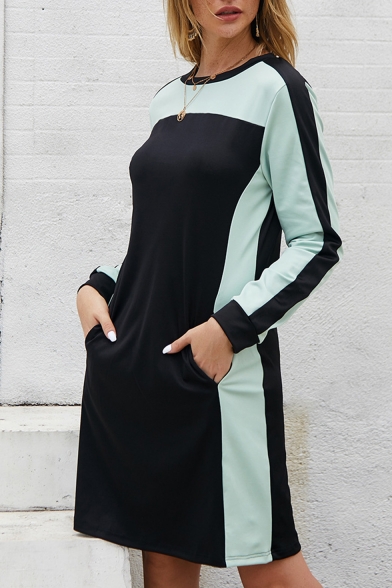 Womens Stylish Long Sleeve Round Neck Patchwork Straight Midi Dress