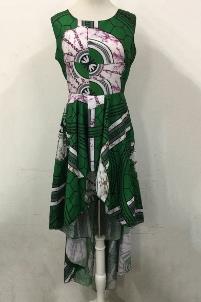 Womens Stylish Vintage Printed Gather Waist Asymmetric Hem Sleeveless Tank Dress