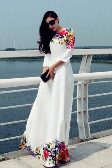 Womens Summer Fancy Floral Printed Round Neck Three-Quarter Sleeve White Maxi Swing Dress