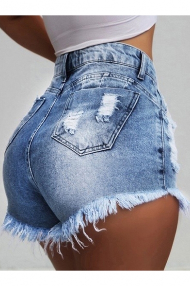 Womens Summer Hot Popular Ripped Fringed Hem Slim Fit Denim Shorts