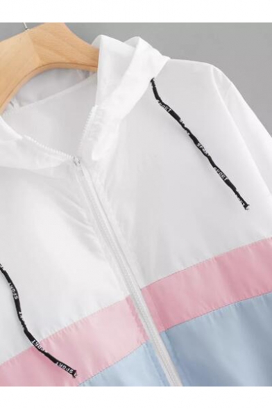 Womens Trendy Color Block Long Sleeve Zip Up Drawstring Hooded Coat Jacket