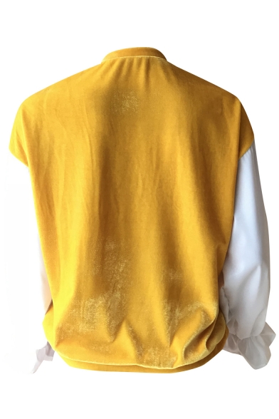 Womens Unique Stylish Patched Flared Long Sleeve Yellow Pullover Sweatshirt