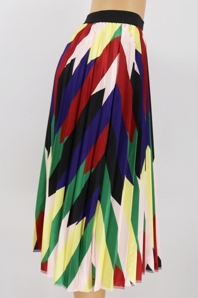 Womnes Hot Popular Summer Geometric Print Elastic Waist Pleated Midi A-Line Skirt