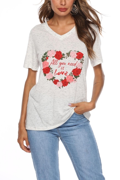 

ALL YOU NEED IS LOVE Heart Flower Print V-Neck Short Sleeve Grey T-Shirt, LM547628