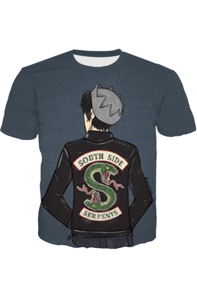 Cartoon Boy Back Snake Print Round Neck Short Sleeve Navy T-Shirt