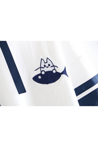 Cartoon Cat Fish Embroidery Stripe Short Sleeve Hooded Casual Tee