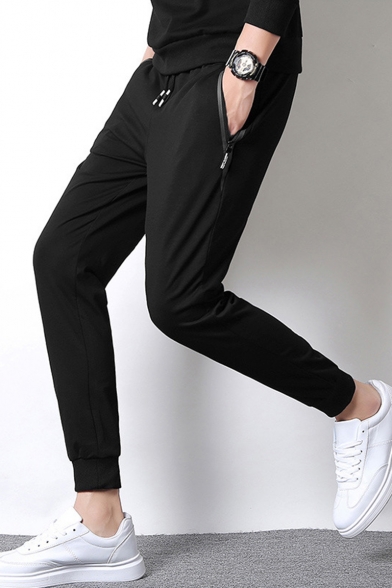 Casual Fashion Simple Plain Zipped Pocket Drawstring Waist Sports Joggers Sweatpants for Men