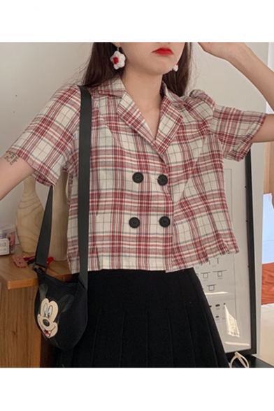 Chic Hot Fashion Check Print Double Button Front Lapel Collar Short Sleeve Sweet Shirts