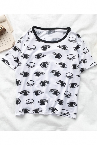 Cool Allover Eyes Printed Round Neck Short Sleeve White Tee