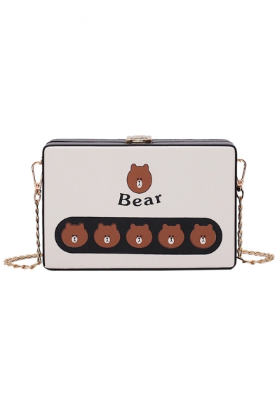 Cute Cartoon Colorblock Bear Printed Chain Strap Crossbody Box Bag 17.5*11.5*5.5 CM