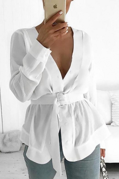 Designer Unique Simple Plain V-Neck Long Sleeve Belted Waist Button Down White Blouse Top