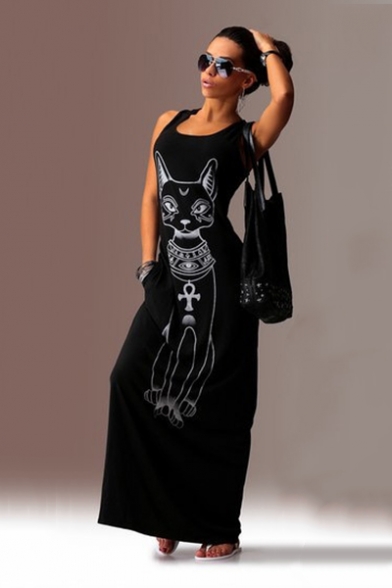 Fashion Cute Cartoon Cat Printed Round Neck Sleeveless Maxi Tank Dress
