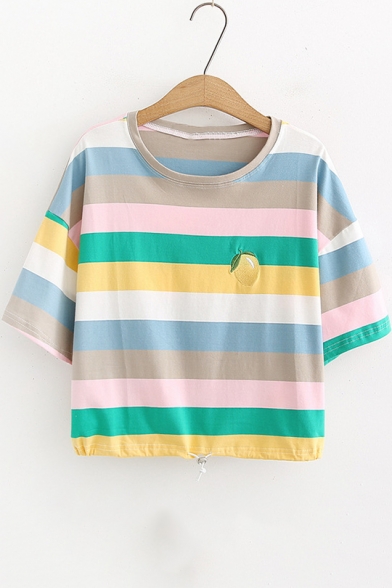 Fashion Cute Colorful Stripe Print Round Neck Short Sleeve Crop Tee for Girls