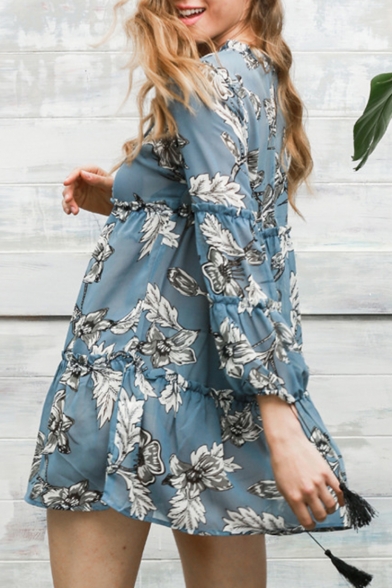 Fashion Long Sleeves Floral Print Round Neck Loose Mini Trapeze Dress