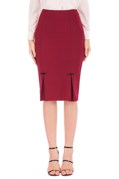 Fashion Simple Plain Split Side Midi Pencil Skirt for Women