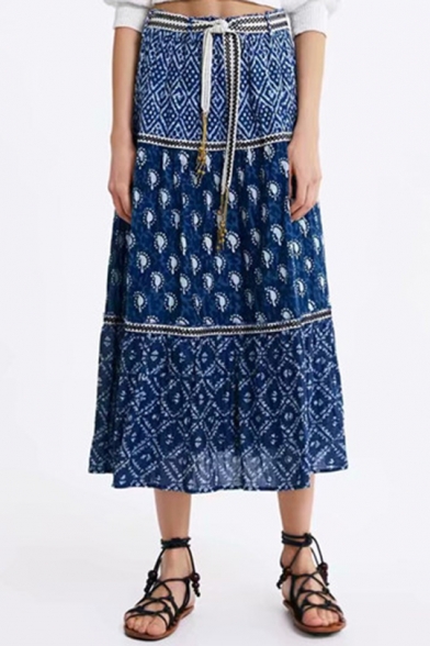 Fashion Summer Tribal Print Tie Waist Metallic Embellished Casual Loose Midi A-Line Skirt